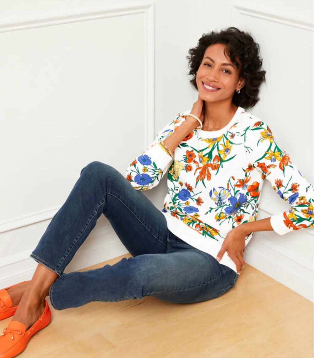 Talbots Womens M White Multi Vivid Botanical Crewneck Sweatshirt NEW